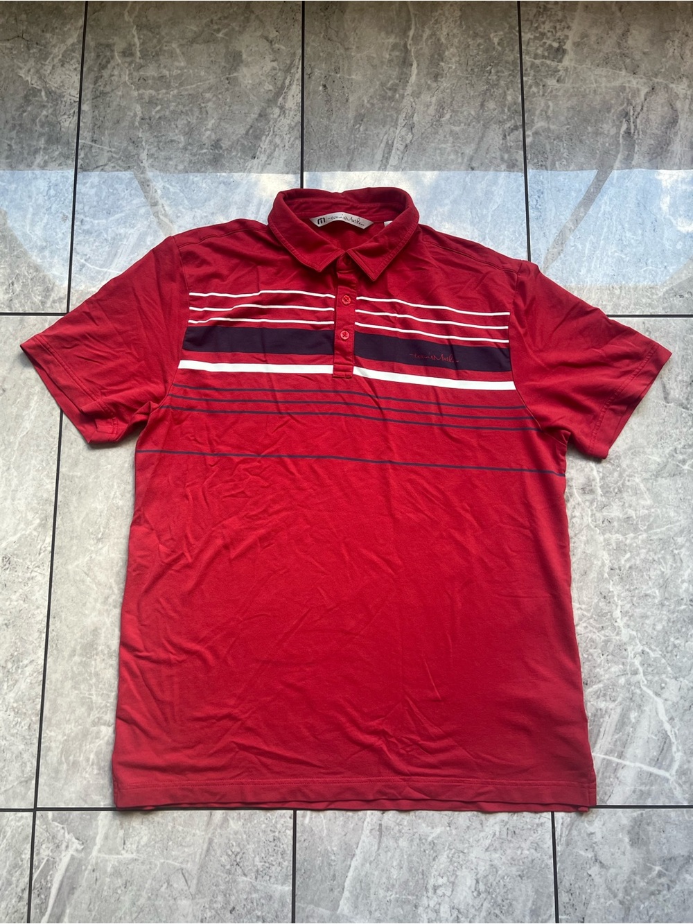 TravisMathew Men's Golf Polo Shirt Red Chest Stripe Performance Stretch Logo L